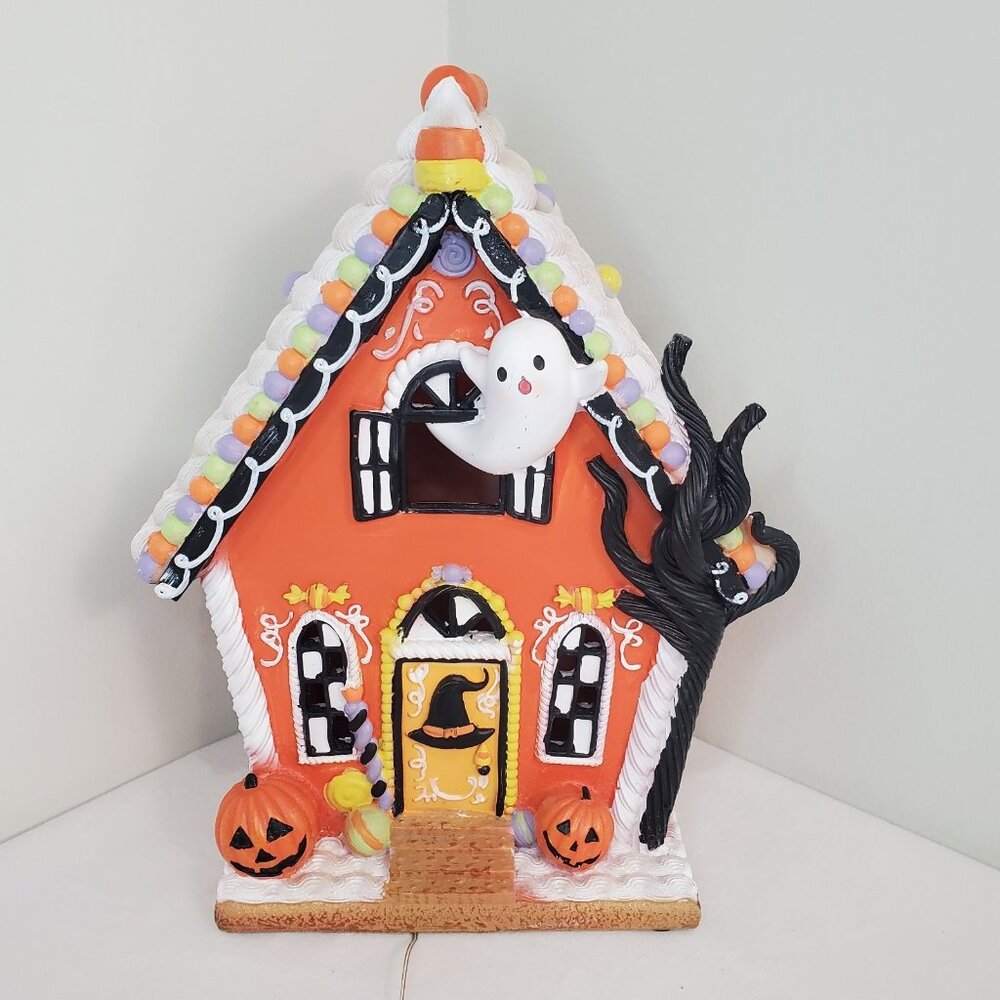 Ghoulish Halloween Gingerbread House ORANGE Frosted CandyFast LED Light Up Decor